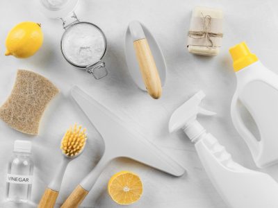 flat lay cleaning products with lemon baking soda