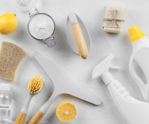 flat lay cleaning products with lemon baking soda